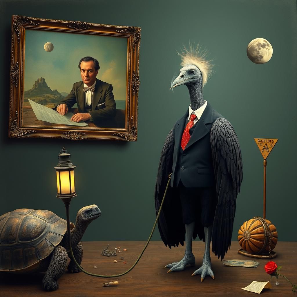 Surreal Turtle and Vulture in Dali-Magritte Scene