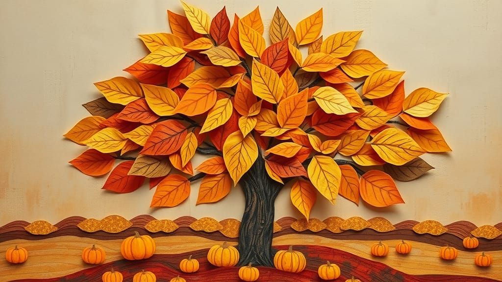 Whimsical Paper Collage of Autumn Tree in Folk Art Style