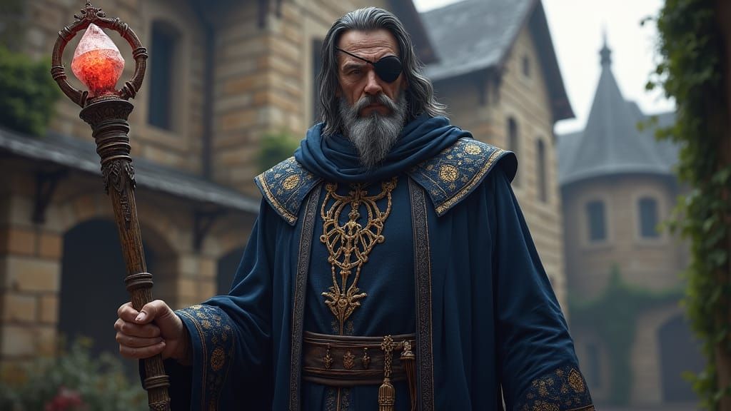 Stately Mage with Glowing Staff Before Medieval Manor