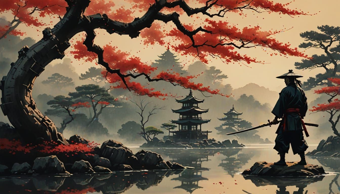 Ronin with Odachi Sword in Japanese Ink Painting Style