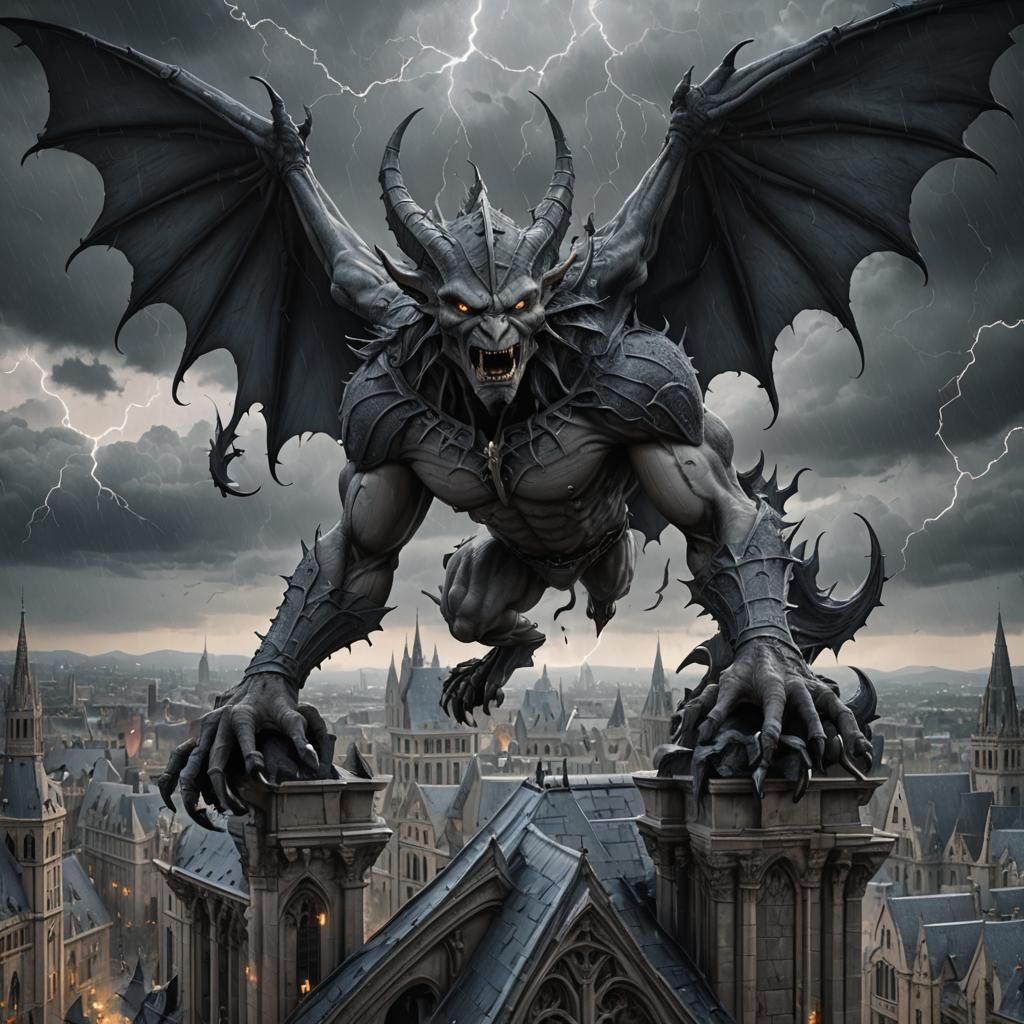 Gargoyles Alive in Gothic Thunderstorm