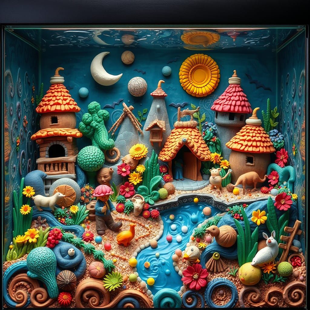 Whimsical Clay Aquarium Scene in Vibrant Folk Art Style