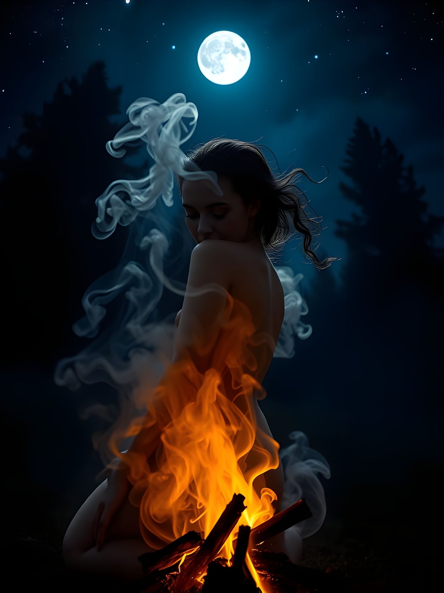 Smoke Maiden Emerge from Wood Fire in Dark Forest Glade