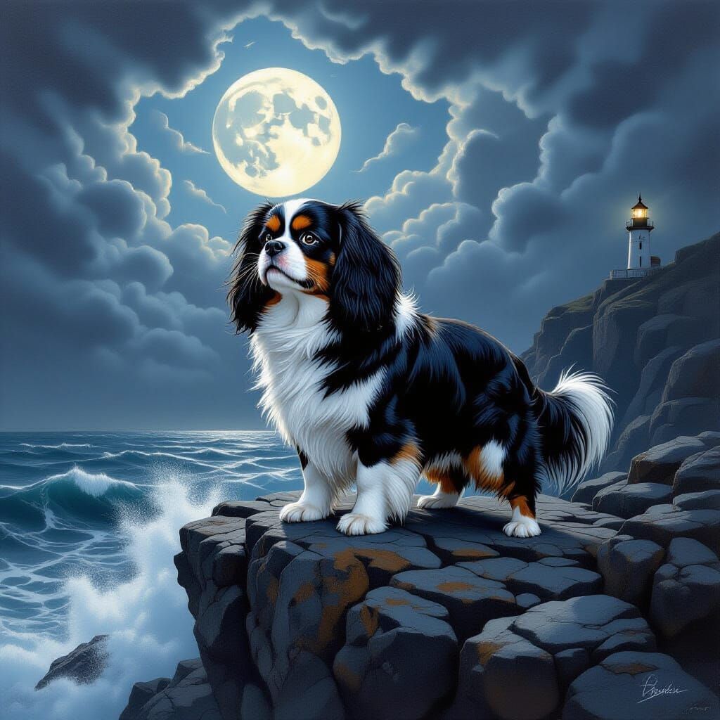 Cavalier King Charles Spaniel on Stormy Cliff