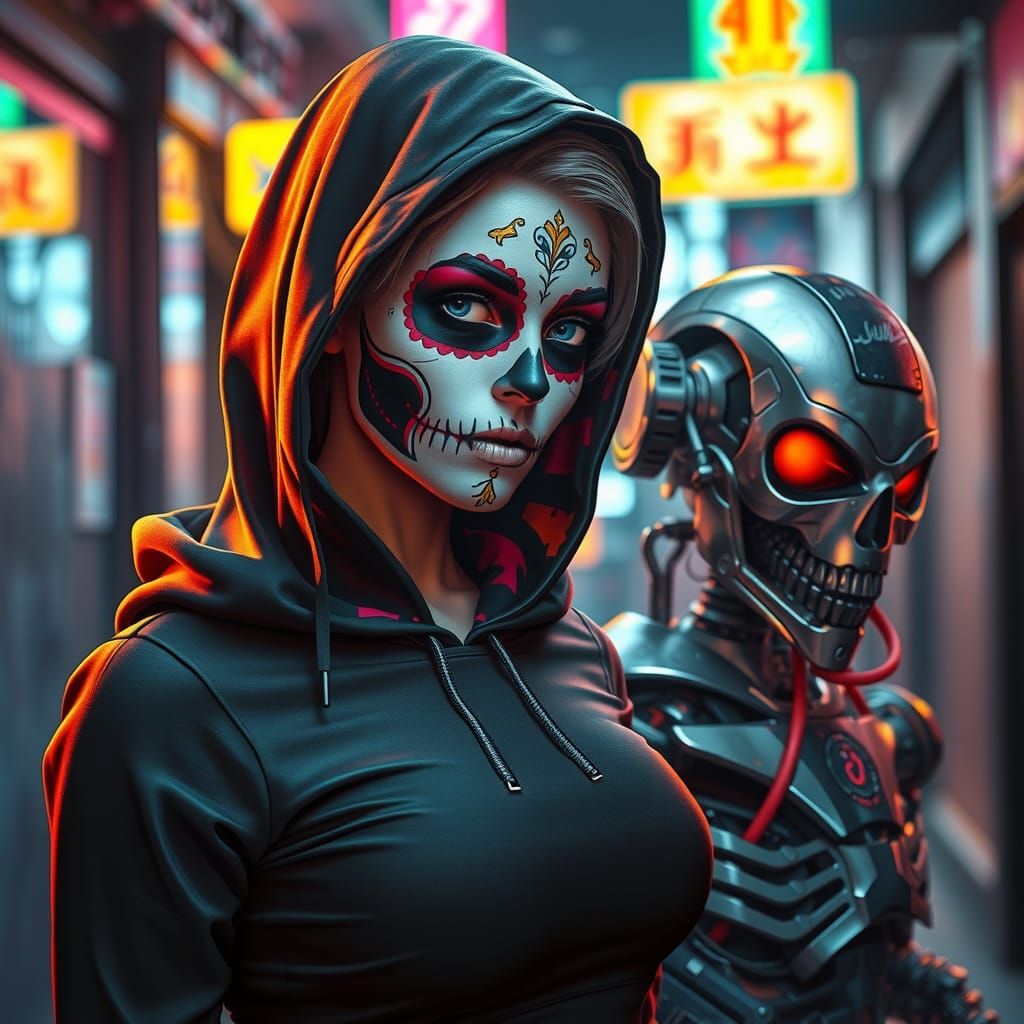 Cyberpunk Woman with Día de los Muertos Face Paint