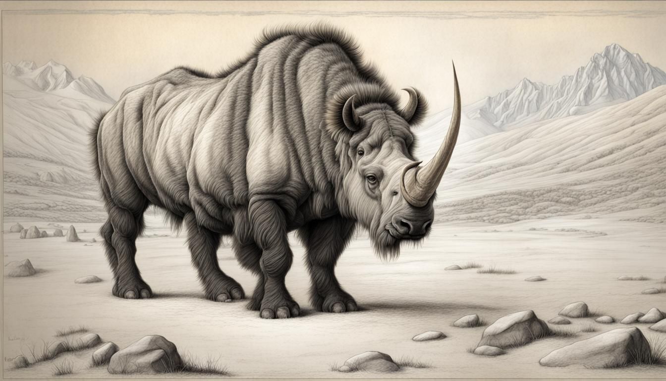 Woolly Rhino on Tundra: Hyperdetailed Charcoal Drawing