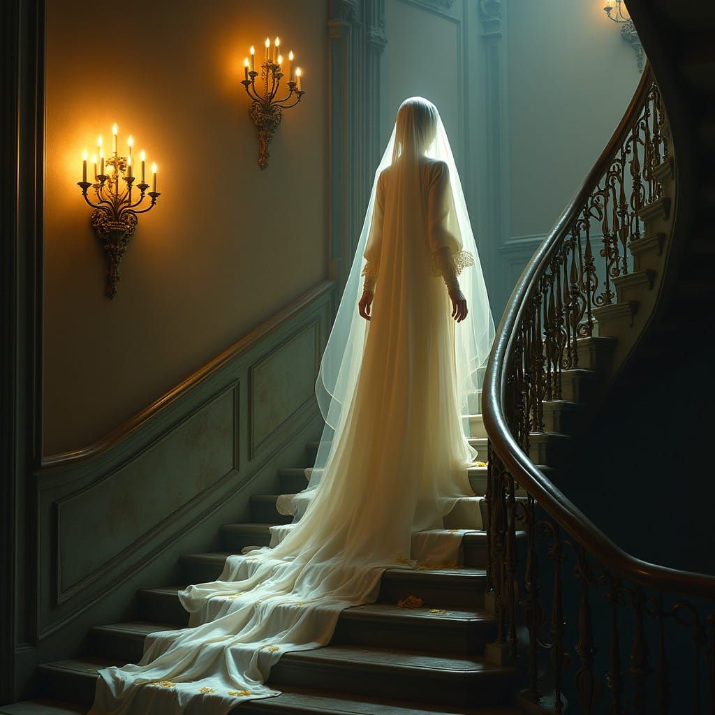 Ethereal Figure Descends Gothic Staircase in Soft Golden Lig...
