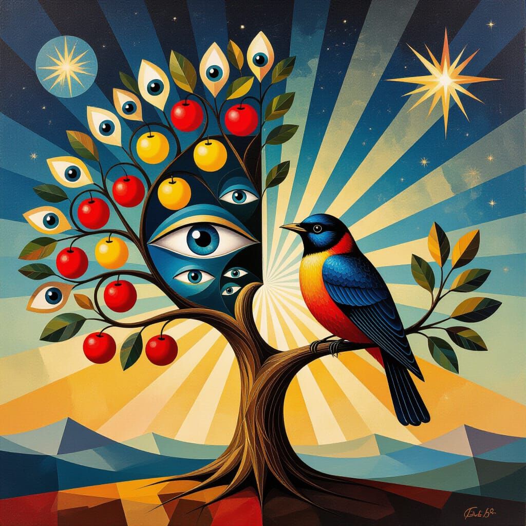 Surreal Tree with Feathered Branches and Eye Fruits