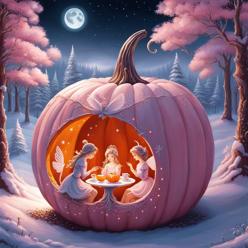 Fairies' Tea Party in a Pink Pumpkin