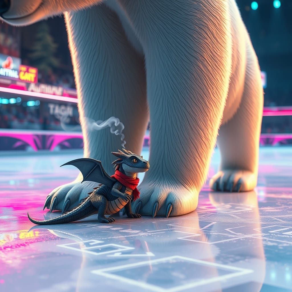 Tiny Dragon With Polar Bear on Icy Rink
