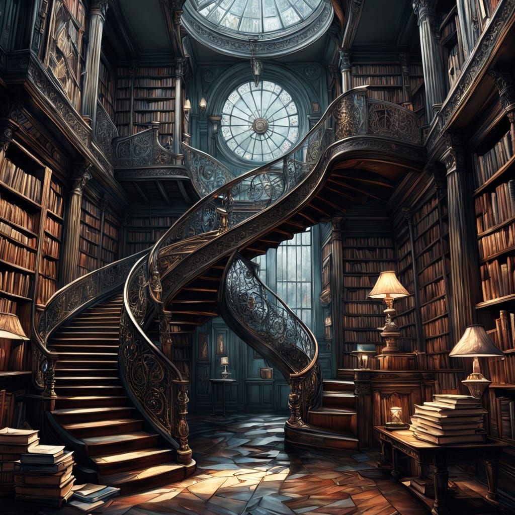 Mystical Library in Stylized Oil Painting Style