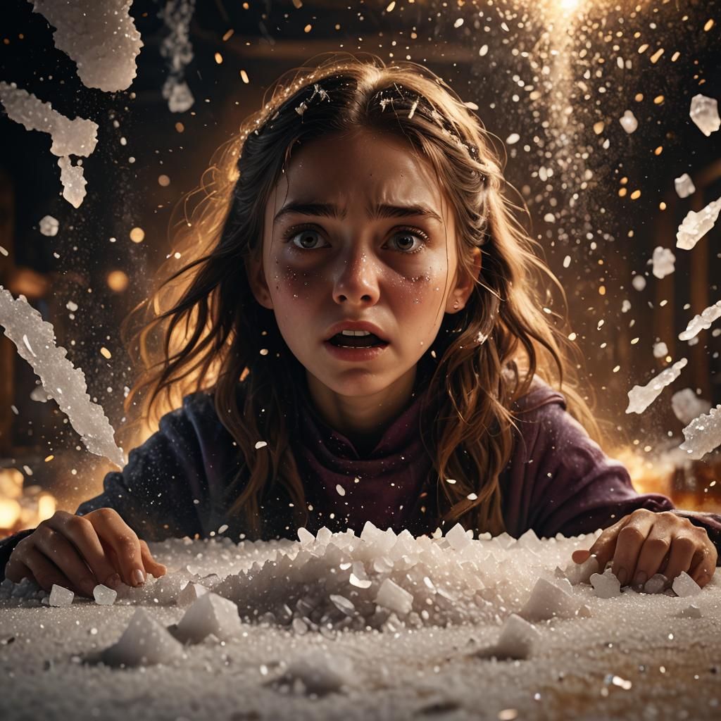 Terrified Girl Surrounded by Sparkling Salt Crystals