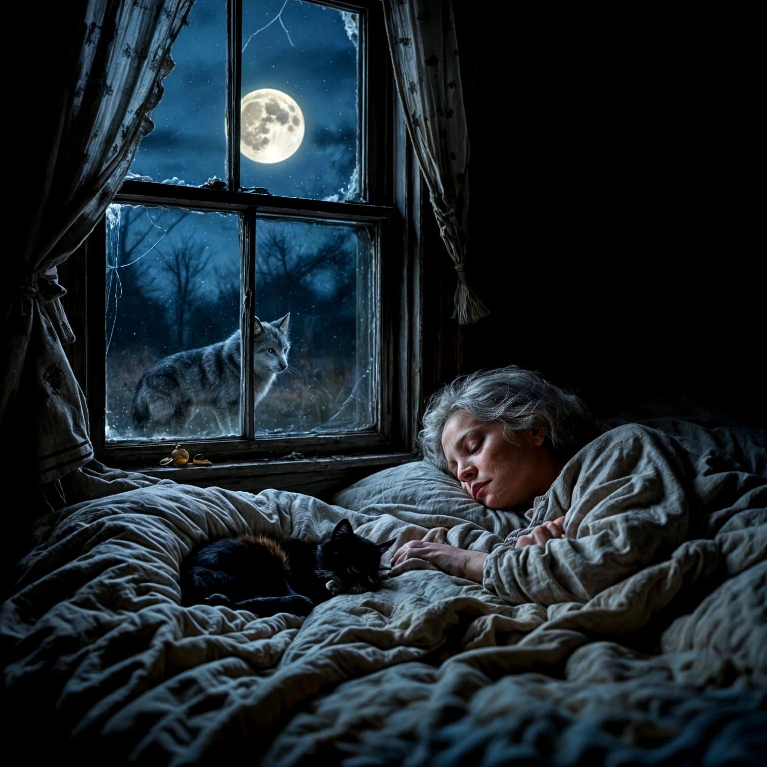 Kitten and Woman Sleep in Haunted House, Wolf Watches