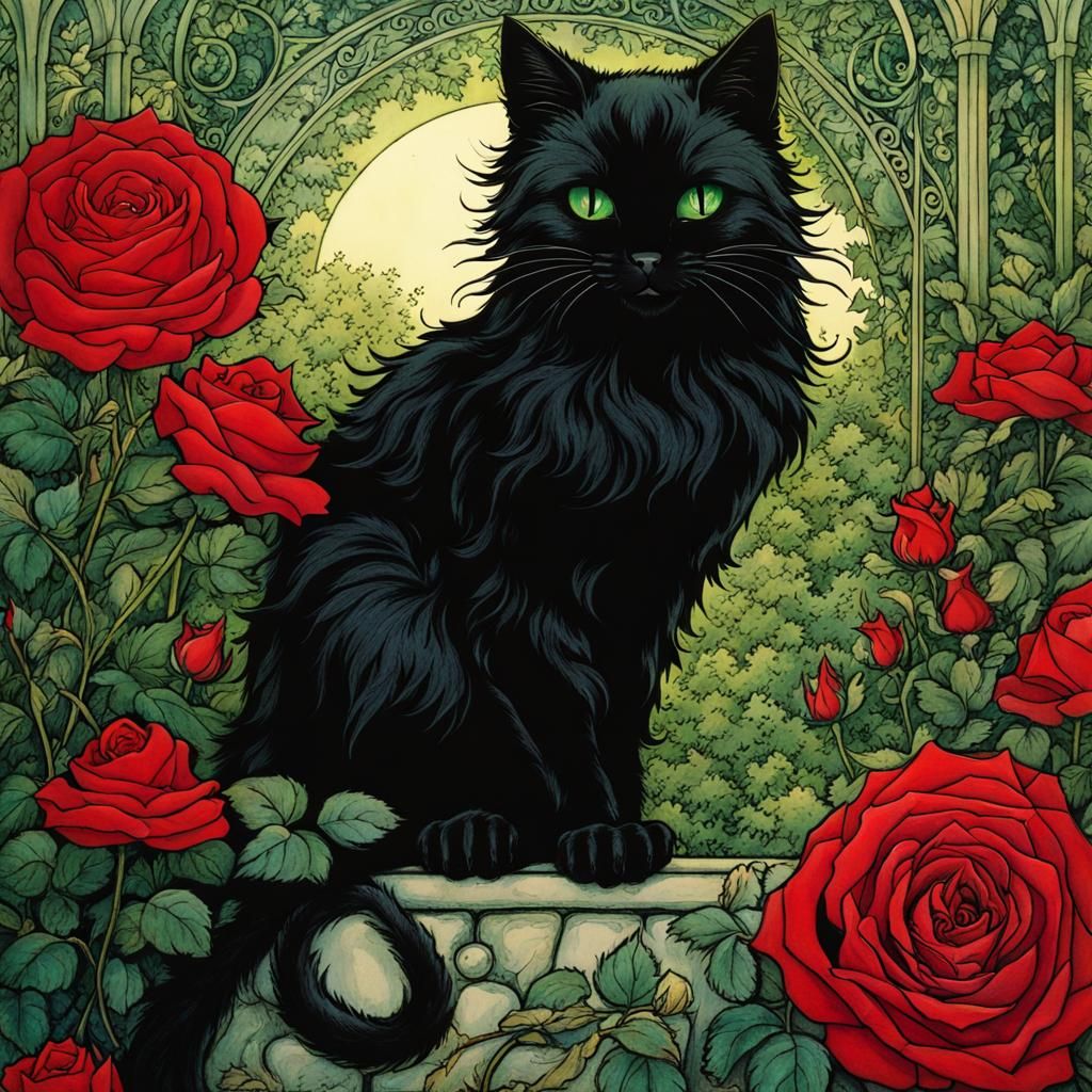Green-Eyed Black Cat in Rose Garden, Anime Style