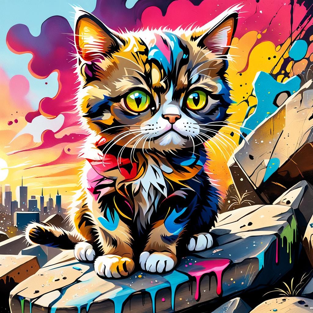 Grumpy Kitten Graffiti Art at Sunset