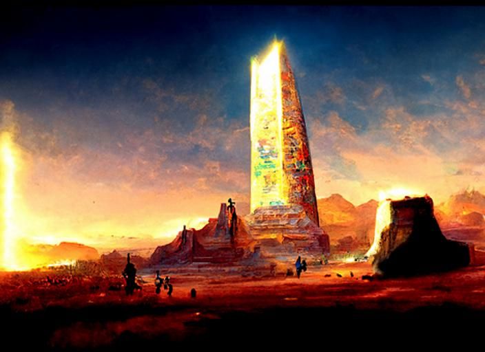 Radiant Obelisk in Post-Apocalyptic Desert Landscape