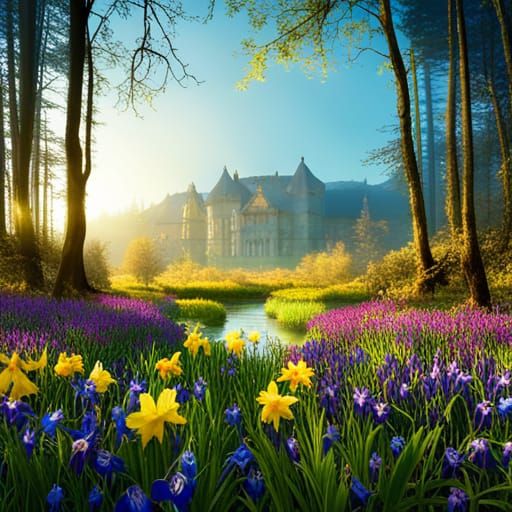 Victorian Meadow with Iris, Daffodils, and Orchids