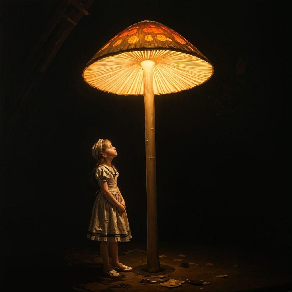 Alice Under Mushroom Lamp in Chiaroscuro Style