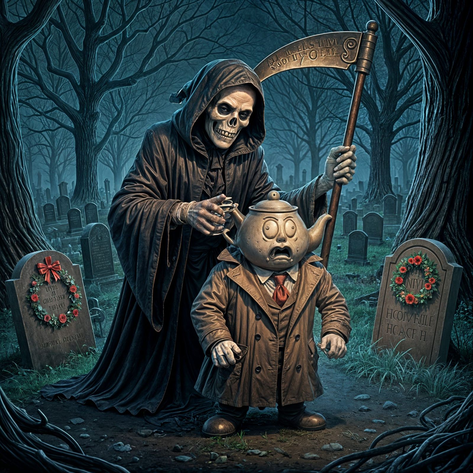 Grim Reaper Scares Terrified Teapot in Night Cemetery