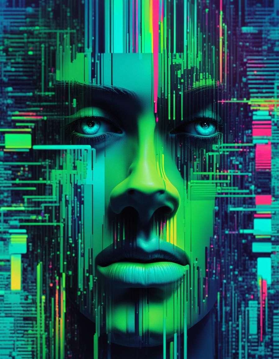 Surreal Glitch Art Face with Digital Distortions