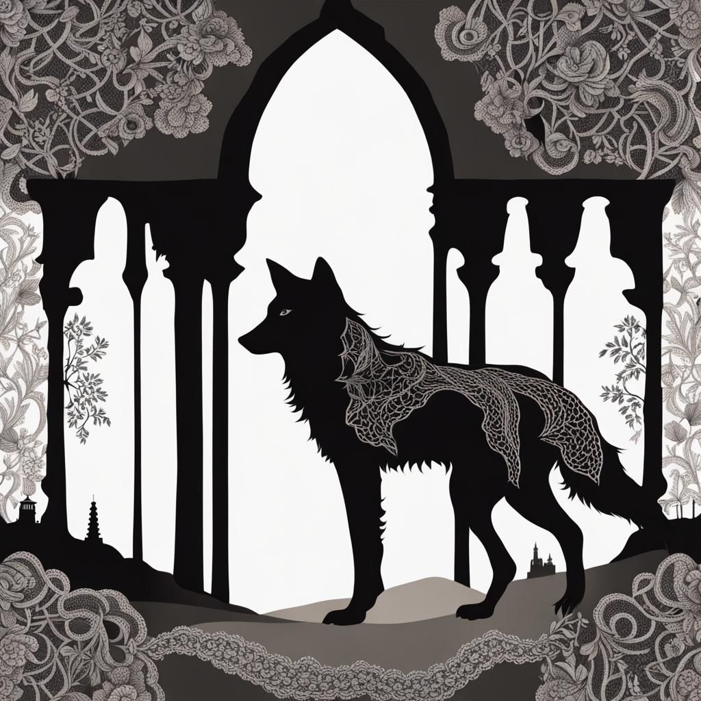 Silhouette of Woman in Lace with Wolf