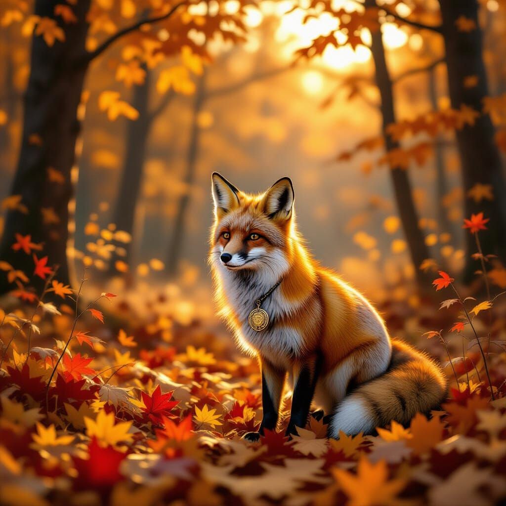 Red Fox with Locket in Autumn Forest