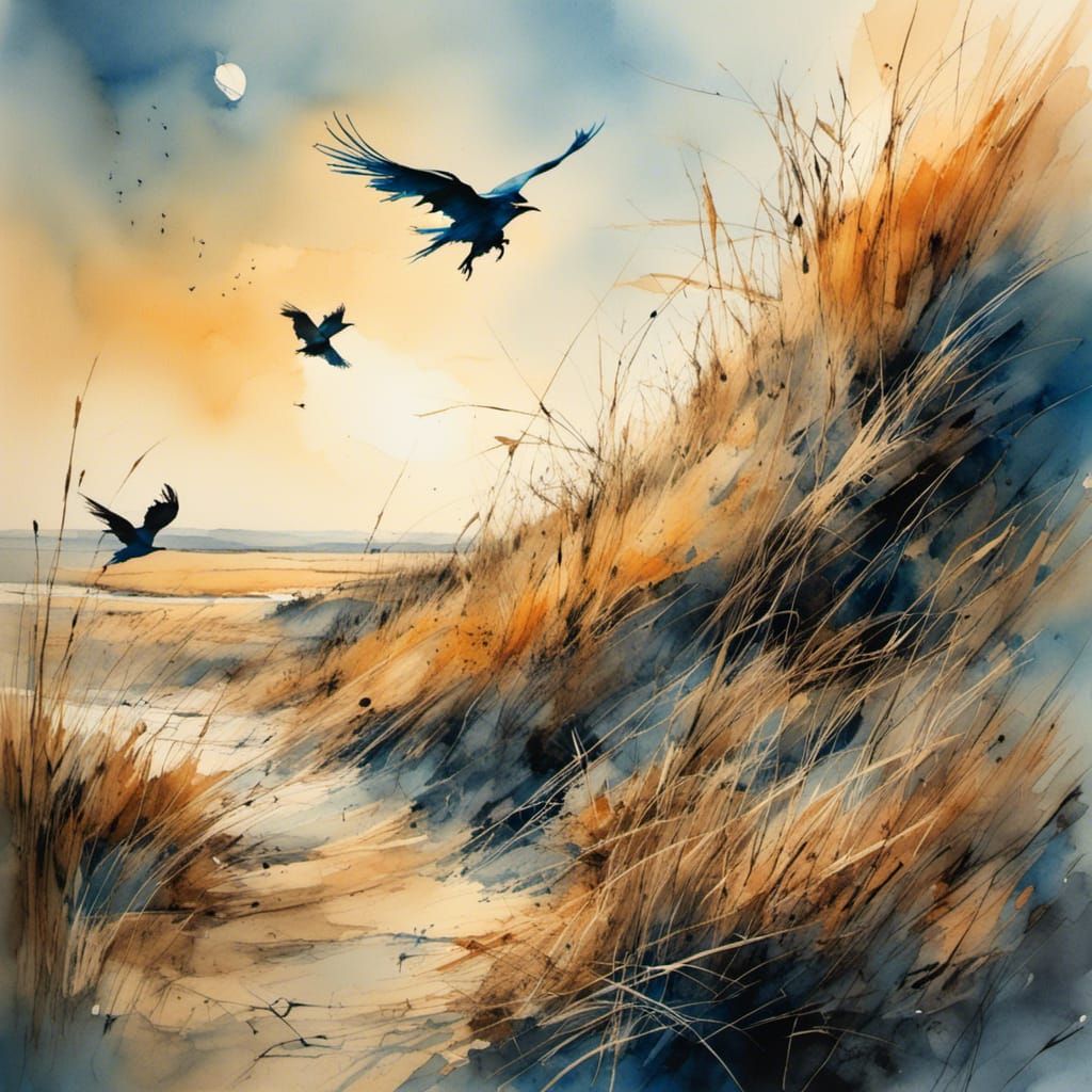 Prairie Sunrise: Watercolor Landscape with Birds