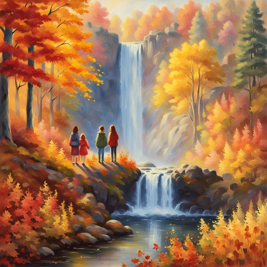 Impressionist Autumn Landscape with Girls by Waterfall