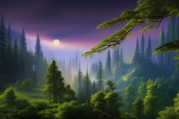 Dark Academia Stone Building in Dense Forest Painting