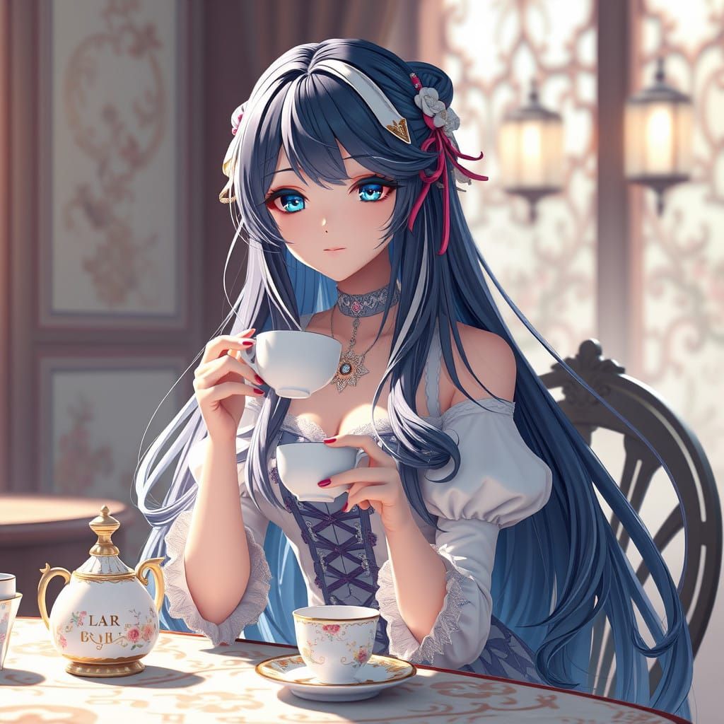 Surreal Anime Girl in Elegant Dress Sipping Tea