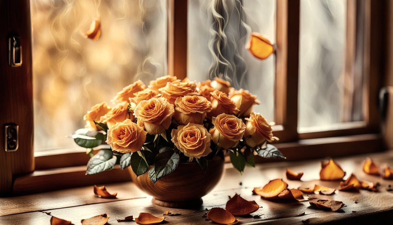 Autumn Bouquet on Windowsill with Coffee
