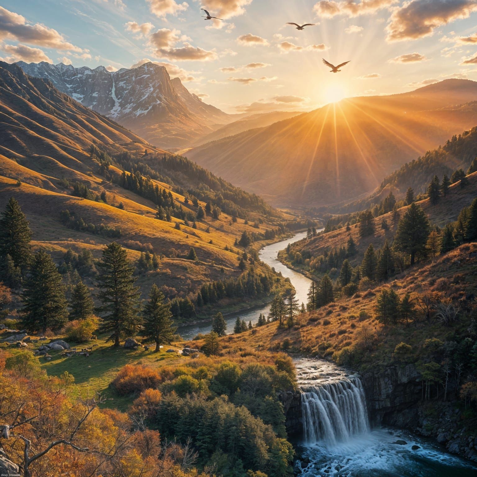 Epic Evening Landscape with Mountains, River, and Waterfall