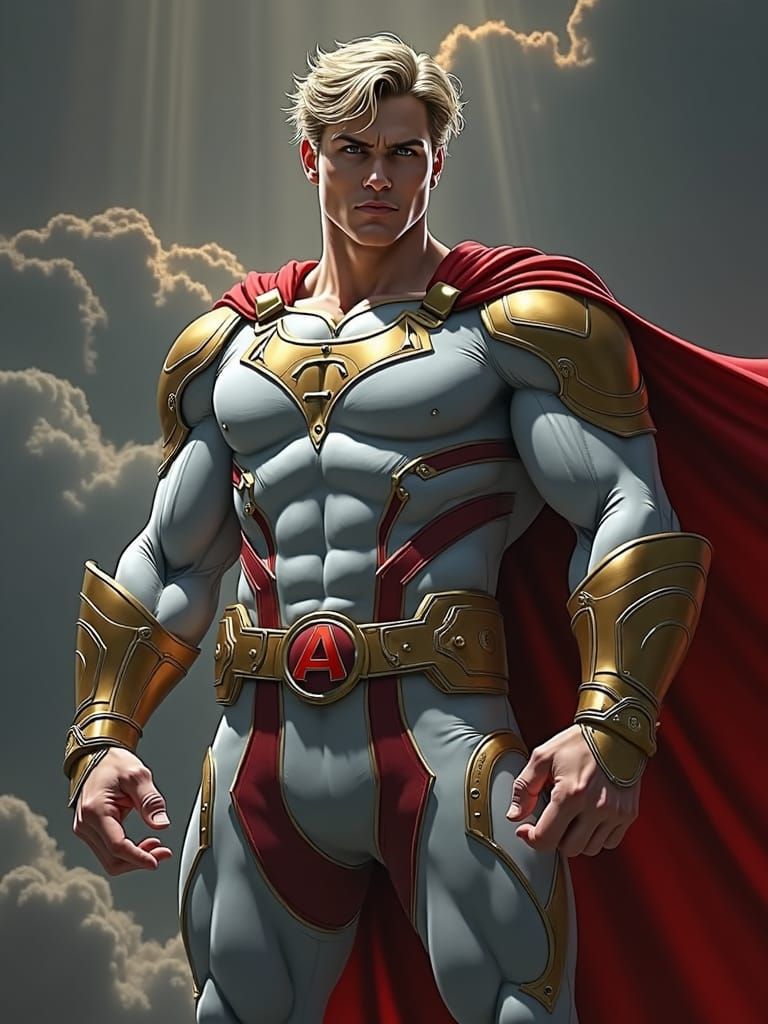 Superhero in White and Gold Costume with Red Cape