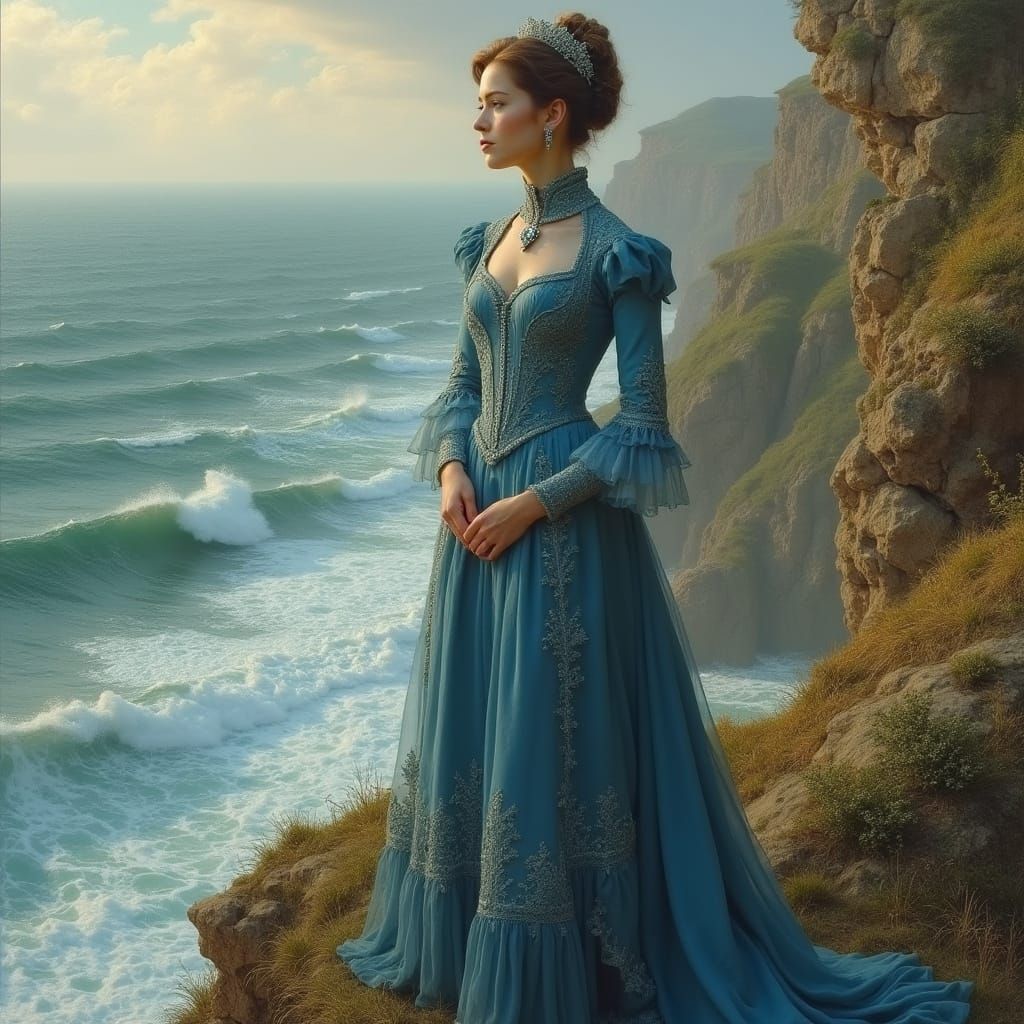 Elegant Victorian Lady on Windswept Cliff