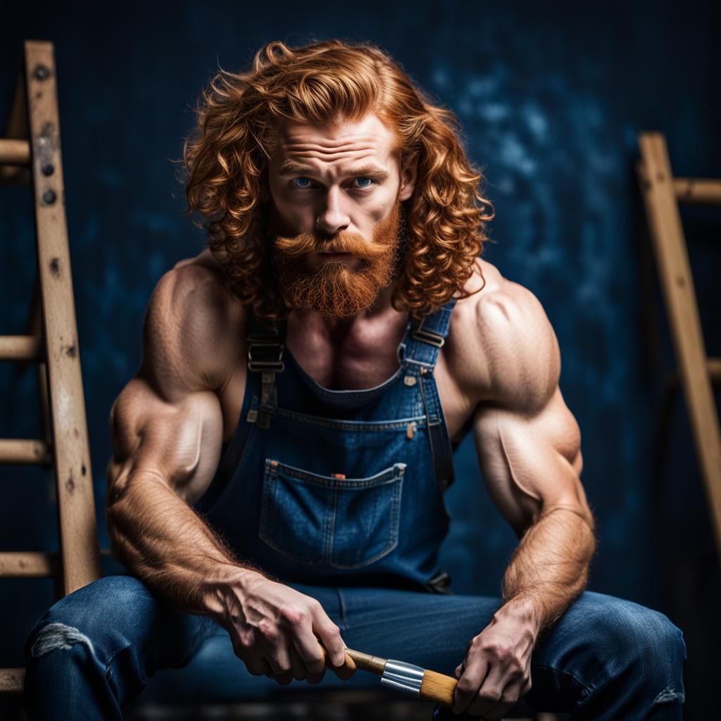 Muscular Ginger Man Painting Himself, Professional Photograp...
