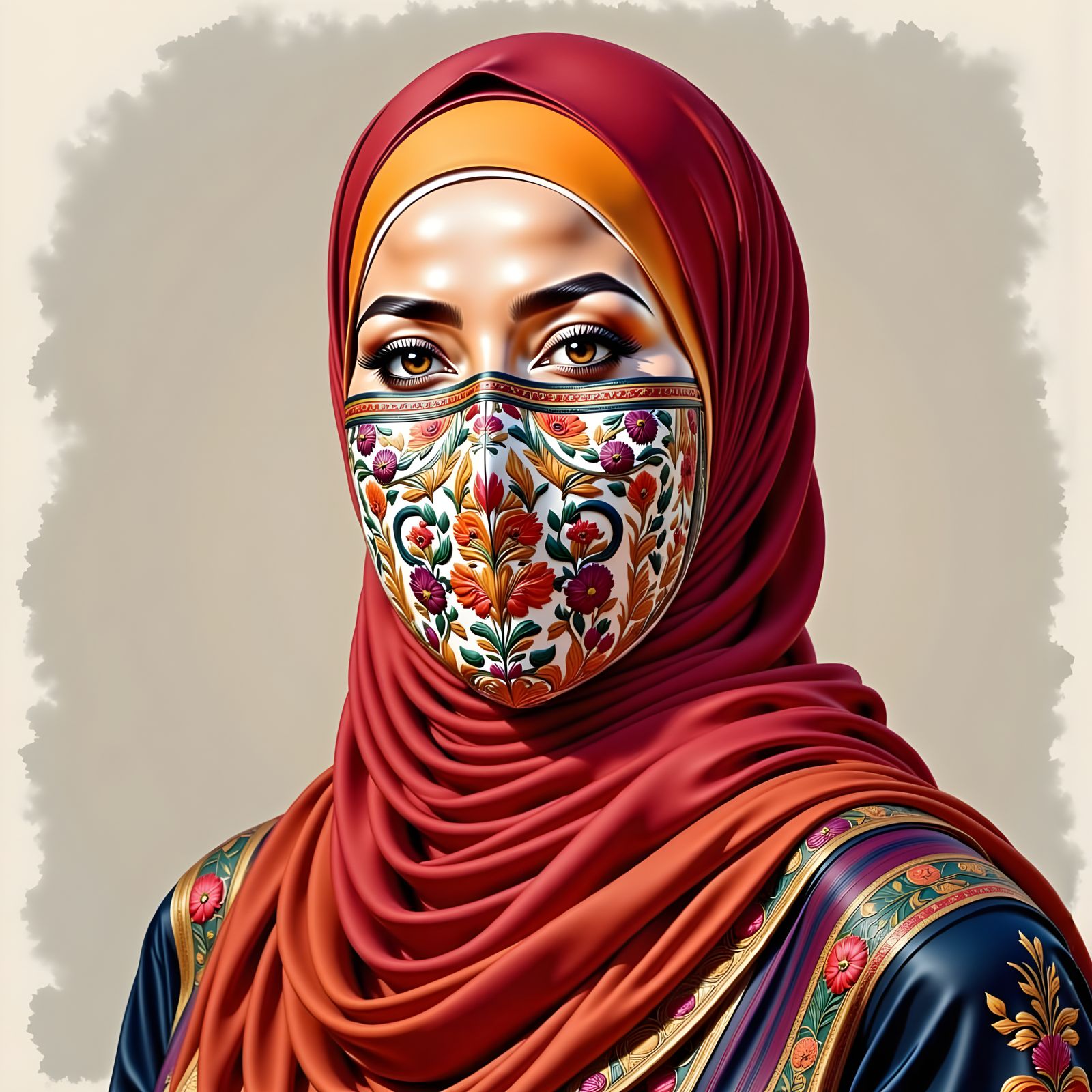 Woman in Hijab and Mask, Expressive Illustration