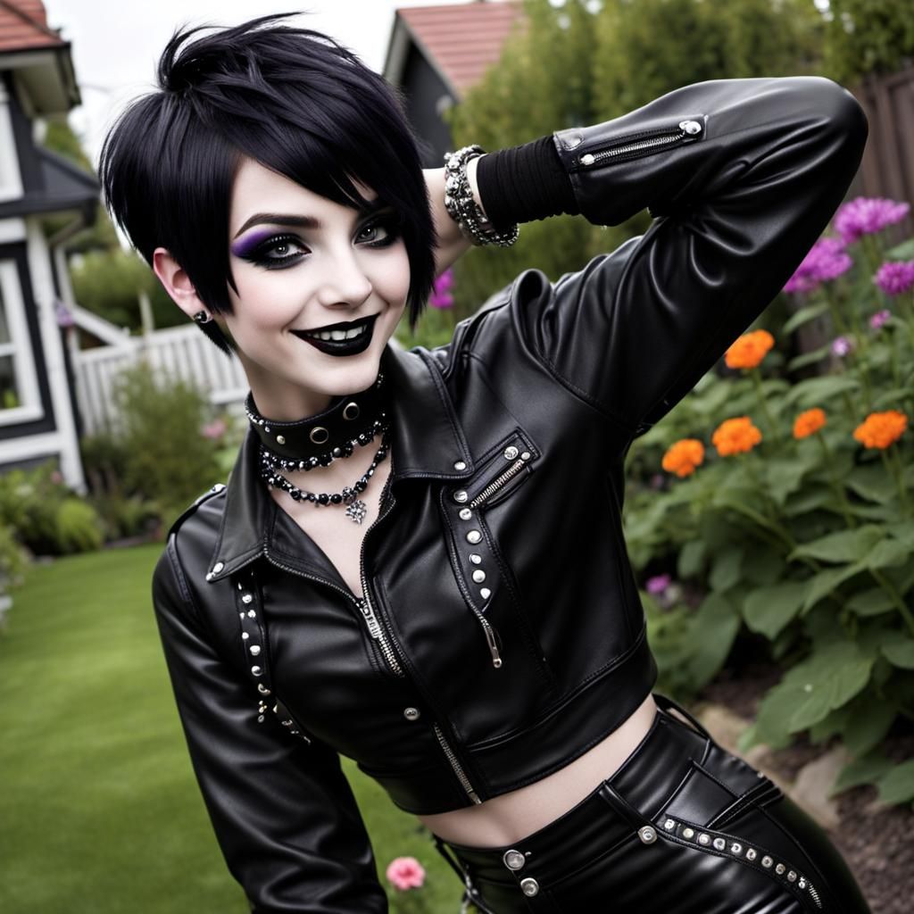 Energetic Goth Girl Poses in Colorful Garden