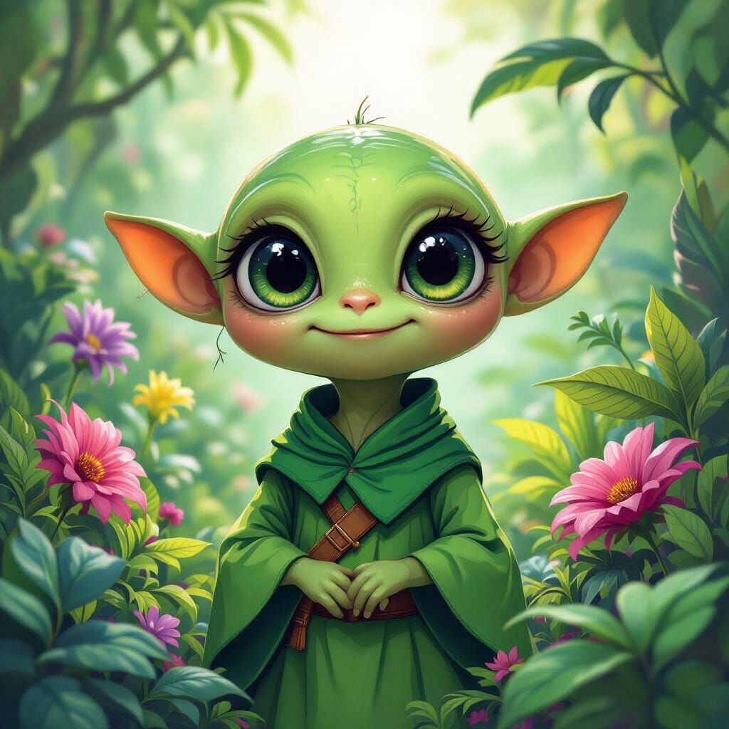 Cute Alien Surrounded by Lush Plants