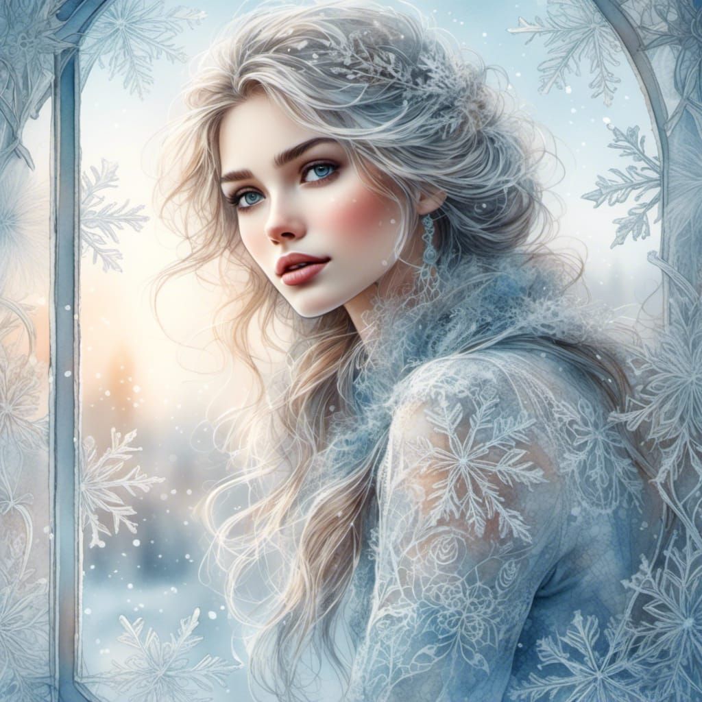 Macro Photograph of a Frosted Window in Watercolor Style