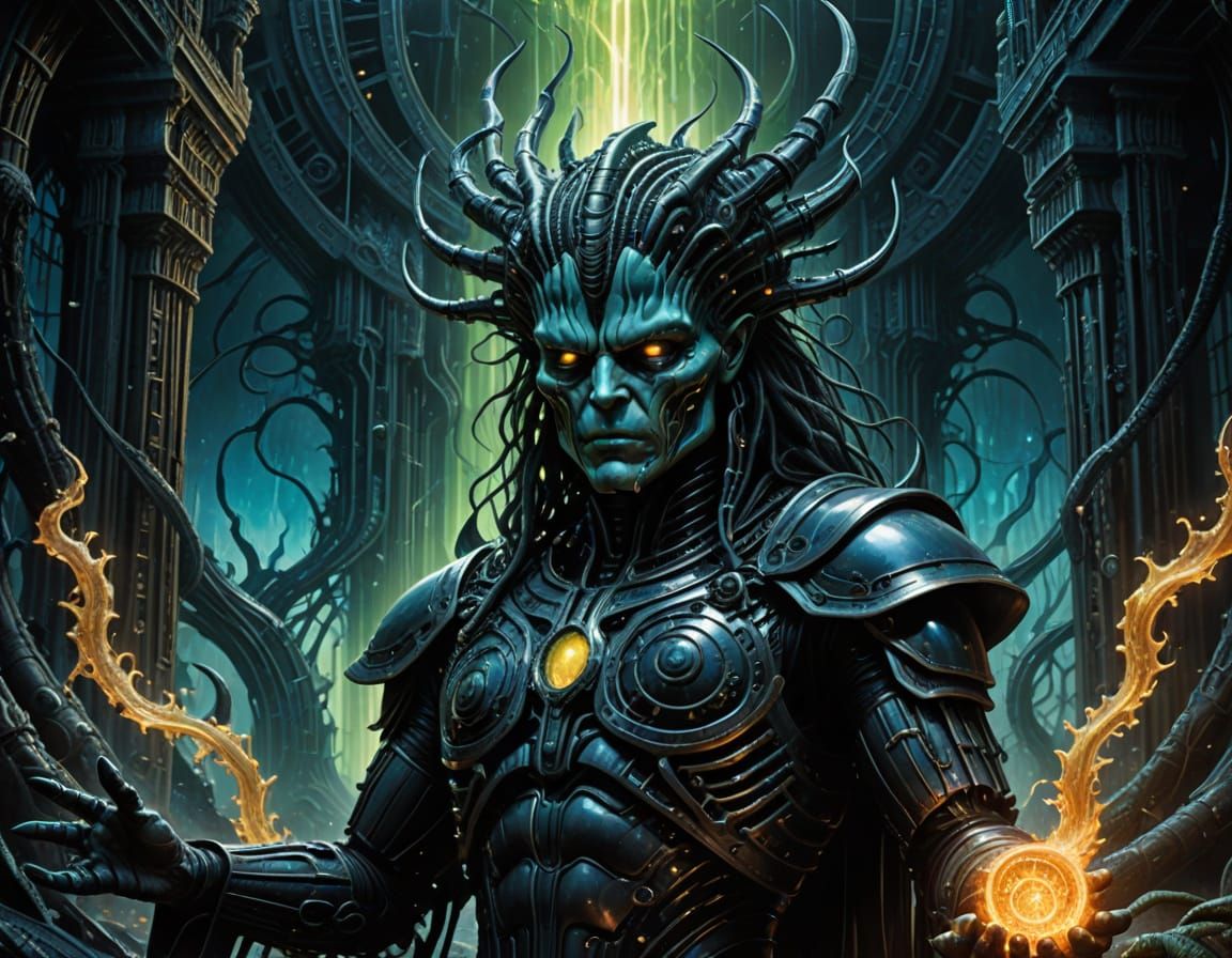 Boy Wielding Staff in Cosmic Vista as Oil Painting