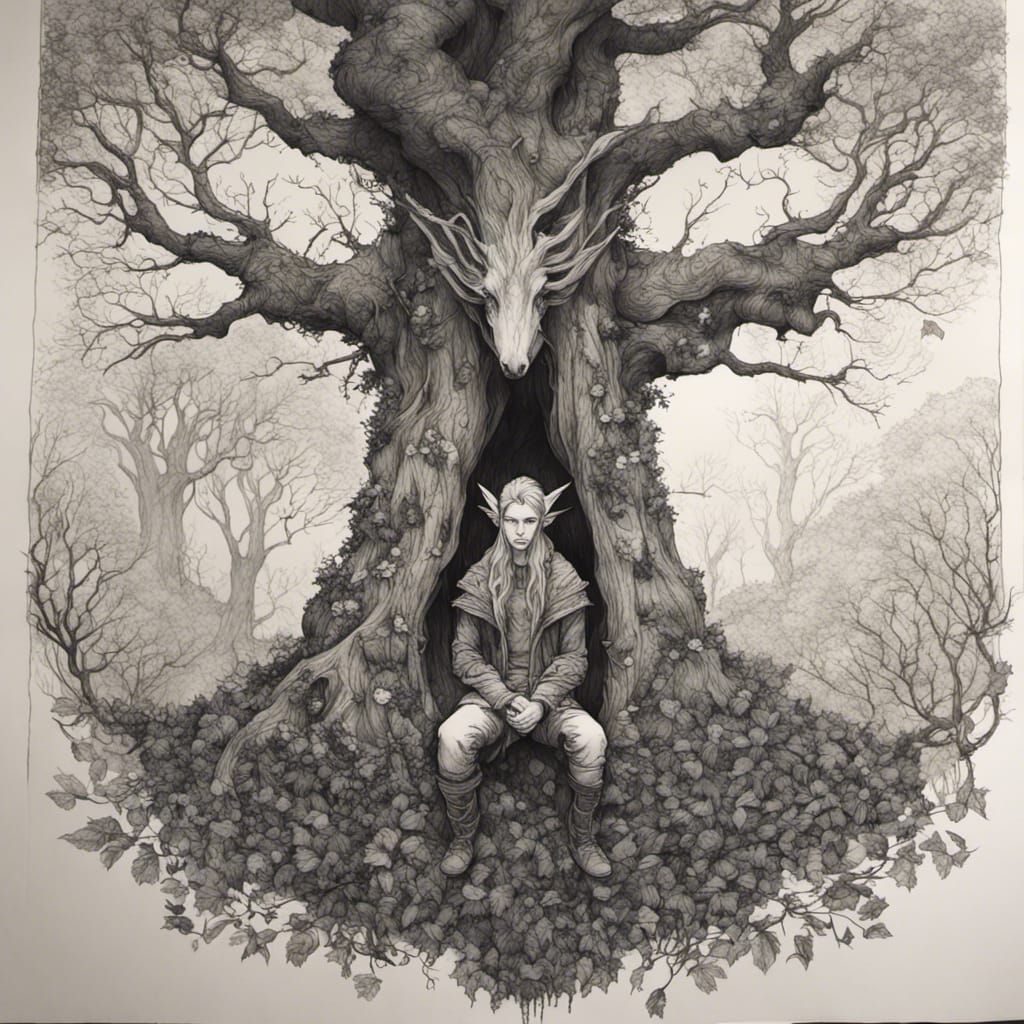 Hyperrealistic Elf with Autumn Tree Ink Drawing
