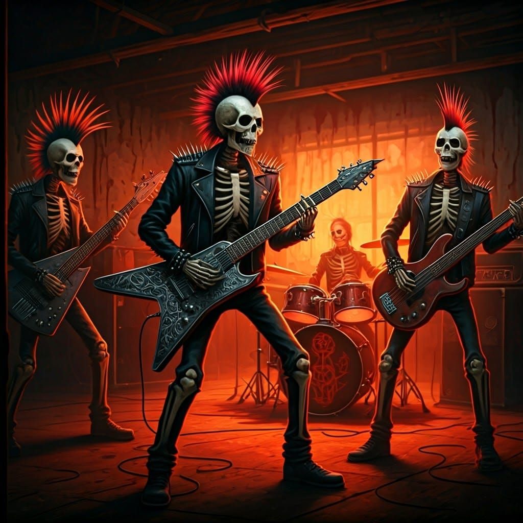 Skeleton Punk Band Plays in Dimly Lit Garage