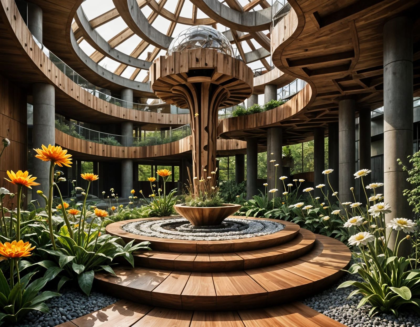 Geometric Brutalist Oasis with Sacred Geometry