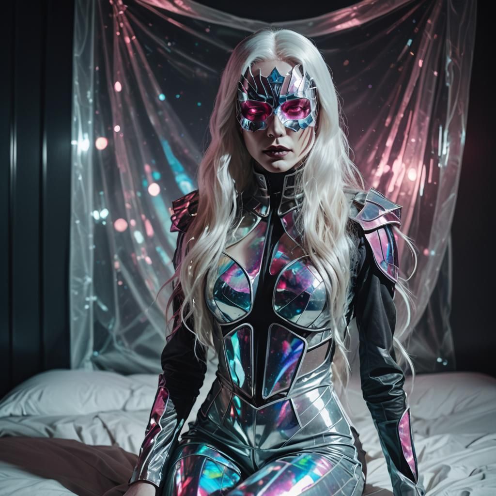 Holographic Changeling Woman in Glass Mask, Cinematic Portra...
