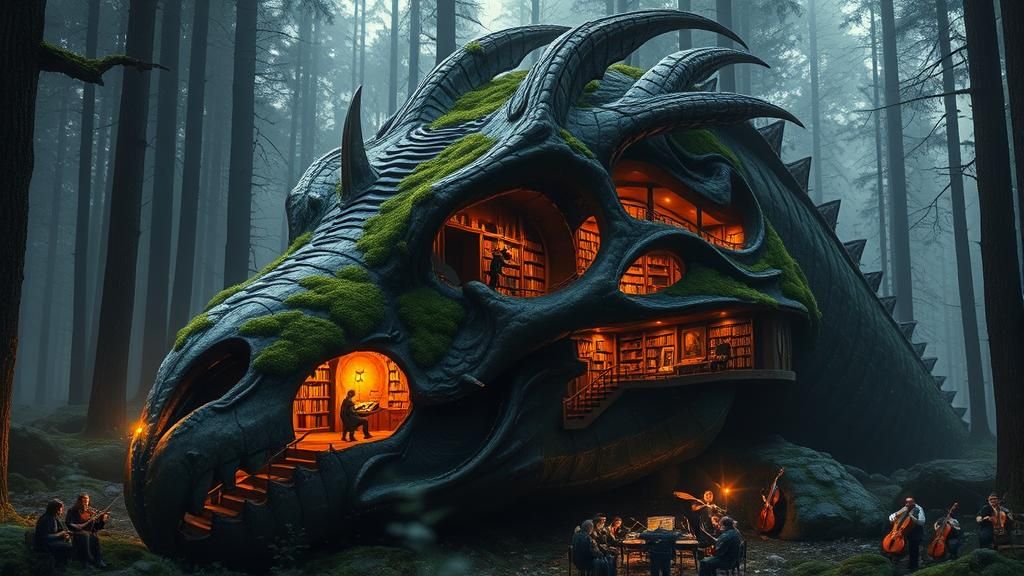 Intricate Library in Dragon Skull Fantasy Art