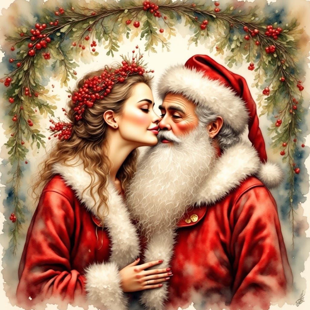 Mother Kisses Santa in Antique Watercolor Style
