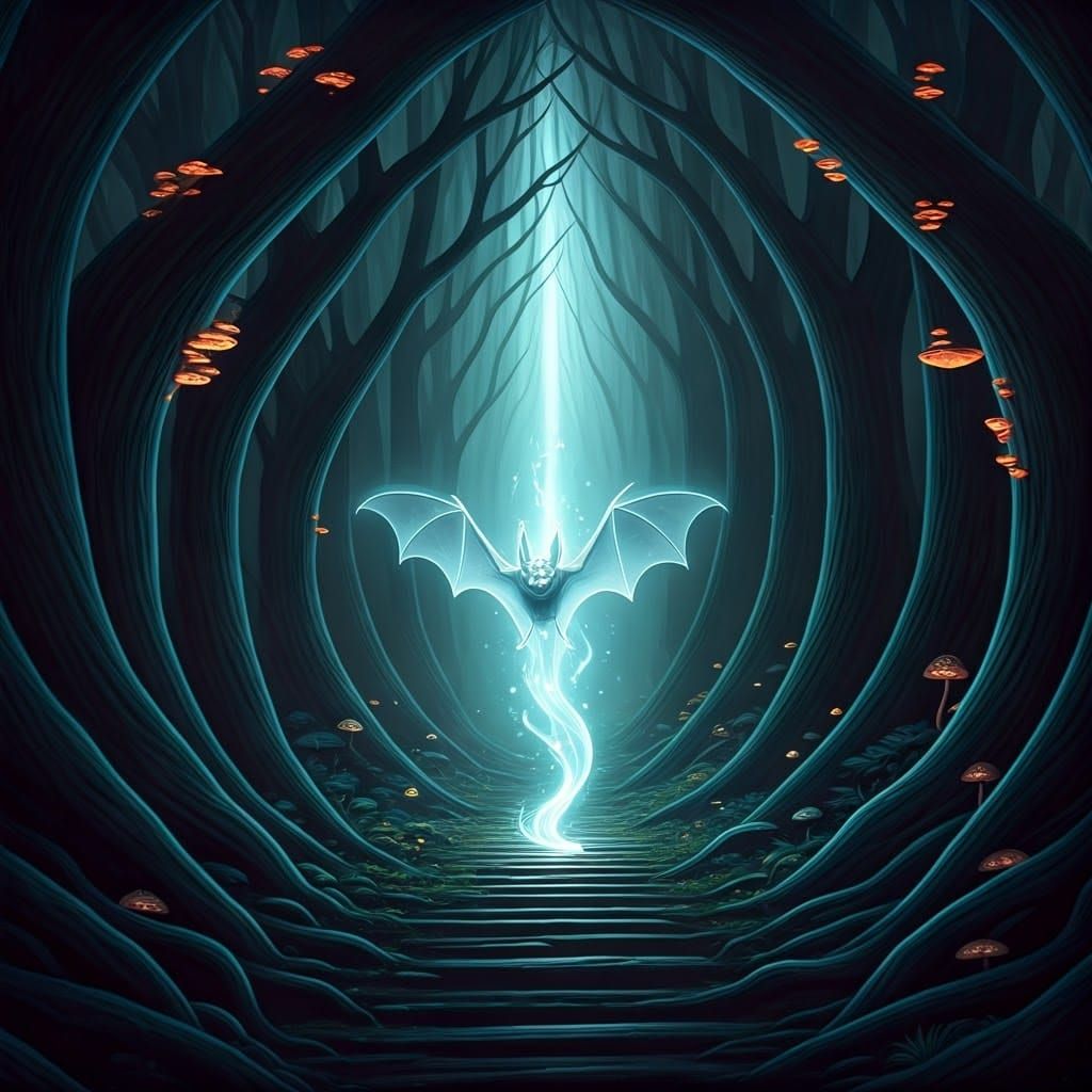 Ethereal Bat Emerges from Portal in Ancient Forest in Dark F...