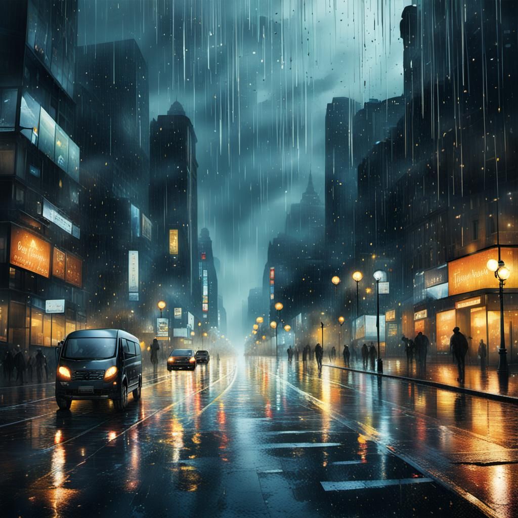 City Lights Reflecting in Rainy Street