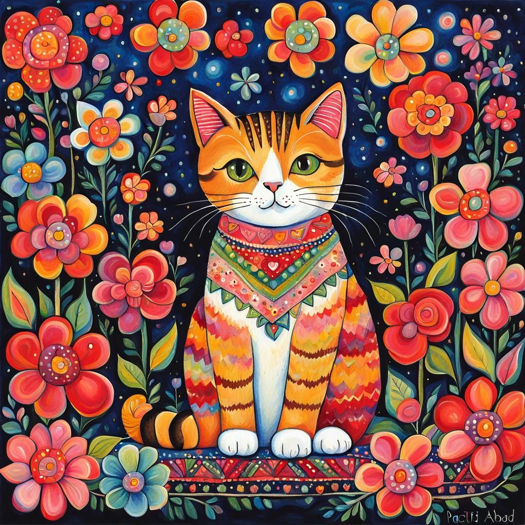 Cat with Flowers in Modern Textured Style