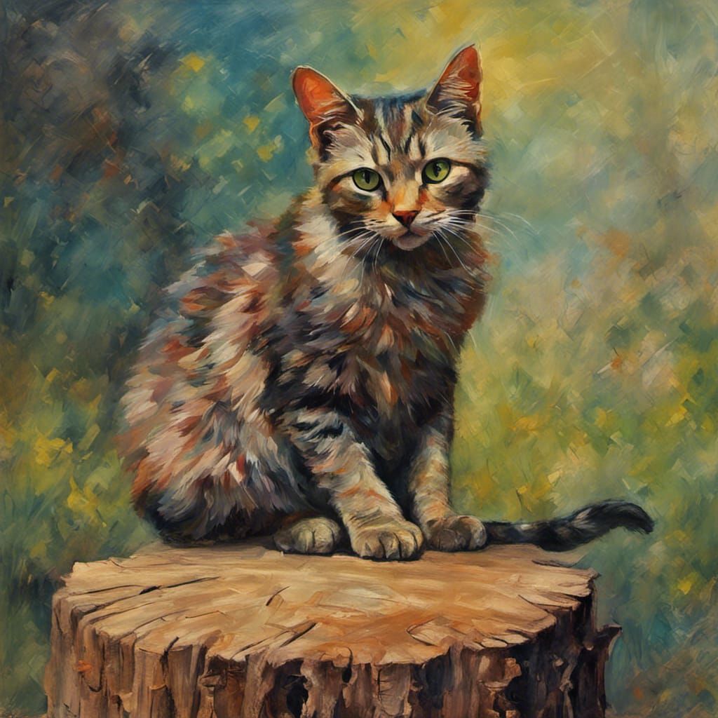 Hyperrealistic Cat on Stump, Detailed Impressionistic Art